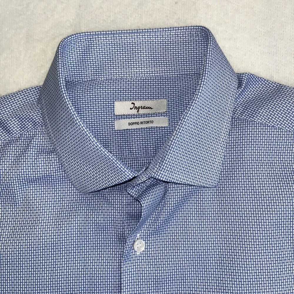 Ingram Inmedio Shirt Mens 17-35 Navy Blue White Check Doppio Ritorto